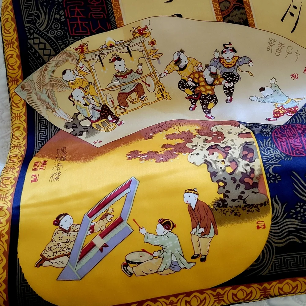Large 38x39 Inch vintage Silk Scarf Wrap in Gold & Navy with Asian Motif
